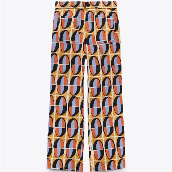 Zara Straight Cut Printed Pants Ocher S - Picture 4 of 8